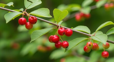 Close-up of a branch laden with bright red berries and green leaves, natural setting