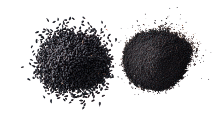 Two piles of dark gray small granules isolated on transparent background