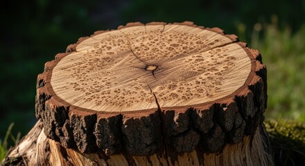 Close-up of a tree stump's cross-section, showcasing annual rings and textured wood