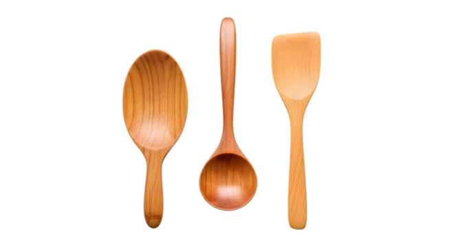 Three wooden kitchen utensils including spoons and spatula isolated on black background - Powered by Adobe