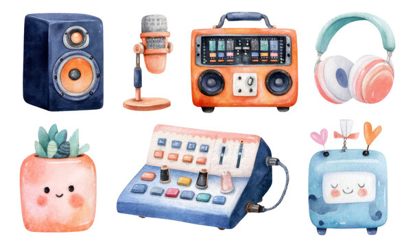 Playful Retro Audio Equipment Collection in Soft Watercolor Style with Transparent Background