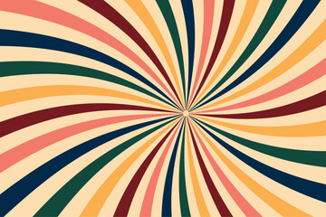Retro groovy spiral burst background, vintage circus sun rays with grunge paper texture. Psychedelic colorful swirl poster, 70s carnival abstract pattern. Hypnotic sunburst vector illustration.
