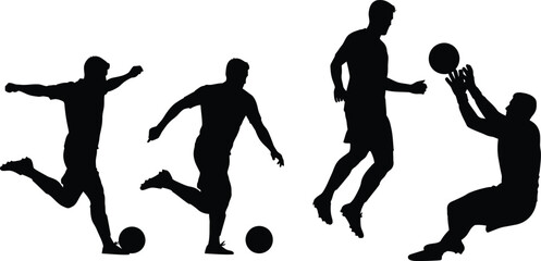 Soccer players and goalkeeper black silhouettes set showing kicking action dribbling and catching the ball isolated vector illustration