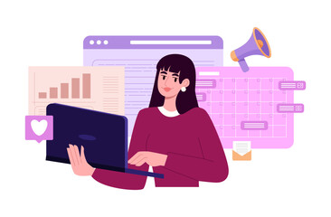 Content strategy. Smm manager, digital marketing professional at work. Flat vector illustration isolated on white background.