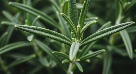 Obraz premium Close-up of vibrant green rosemary sprig with needle-like leaves, blurred background