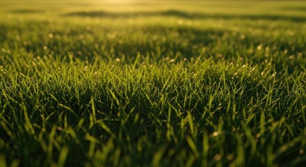 Close-up of vibrant, sunlit grass blades, suggesting a field or lawn bathed in golden light