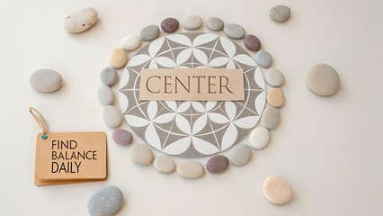 Center mandala design drawn with pebbles
