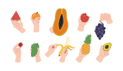 Healthy fruits in hand. Colorful vector illustration.
