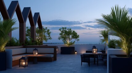 Obraz premium Luxurious Rooftop Garden Escape Overlooking the Sea at Twilight Evening Serenity