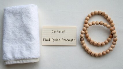 Centered message on wooden plaque with towel and beads
