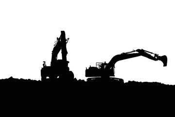 Crawler excavators silhouette are digging the soil in the construction site ,With bucket lift up on the white background