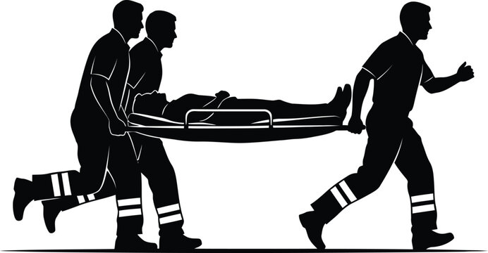 Emergency medical services team running with patient on stretcher silhouette vector Urgent paramedic rescue transport graphic illustration