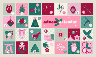 Christmas advent calendar. Christmas illustration with traditional Christmas and New Year elements. Flat vector illustration.