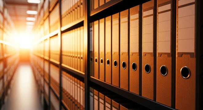 Endless rows of organized office binders on shelves in a vast library archive, with a bright light symbolizing the future of information and data