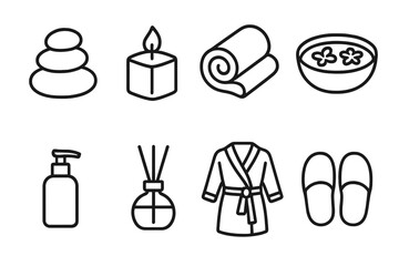 Spa Essentials Icons. Spa Rituals linear icon set: stone stack, candle flame, towel roll, bowl of petals, lotion bottle, diffuser, bathrobe, slippers.