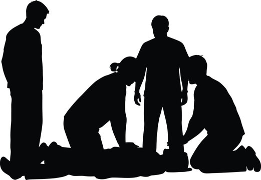 Group Silhouette Performing CPR and Emergency First Aid on Victim Vector Illustration