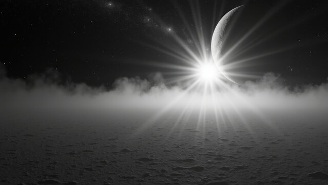 Stunning cosmic landscape featuring bright celestial body illuminating misty terrain under starry sky