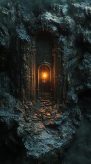 Obraz premium Mysterious portal in an age-worn stone cave, an inviting yet unknown gateway