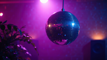 Disco ball reflecting colorful lights in vibrant atmosphere, creating lively party ambiance