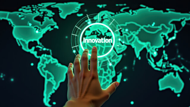 Innovative technology concept with hand touching glowing world map, symbolizing global connectivity and progress - Powered by Adobe