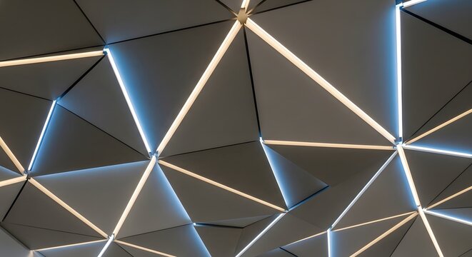 Abstract ceiling with triangular panels and led lighting creating geometric patterns and modern design