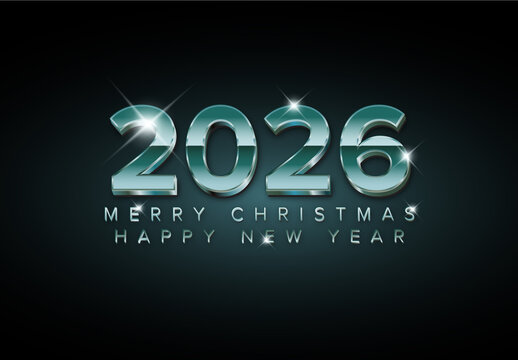 2026 Merry Christmas and Happy New Year Metallic Text Design Card