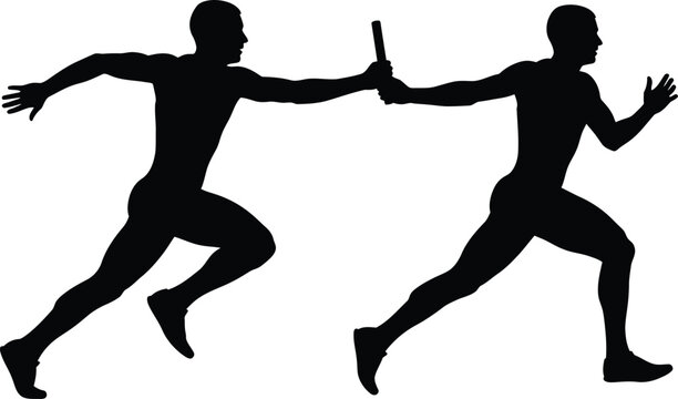 Black Silhouette of Two Male Runners Performing Relay Baton Exchange Vector Illustration