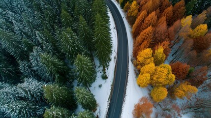 Aerial view of winding road through vibrant autumn forest and snow-covered pine trees