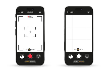 Smartphone Camera Interface. Viewfinder, Grid, Buttons, Lights, and Focus Controls in Mobile Photography App. Photo and Video UI for Mobile Apps. Vector illustration