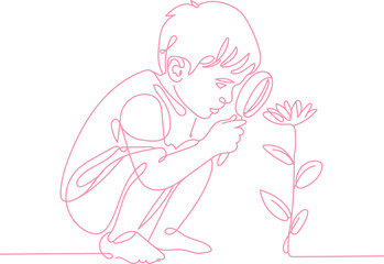Child Observing Flower Line Art — Minimal Continuous Line Drawing of Kid Exploring Nature with Magnifying Glass