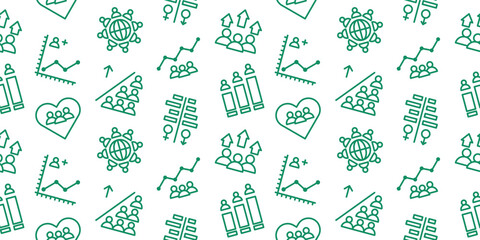 Seamless social media and data analytics pattern. Outline vector background with line icons of growth charts, audience, community, engagement, and statistics