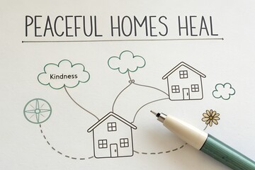 Drawing of peaceful homes health concept on paper with pen