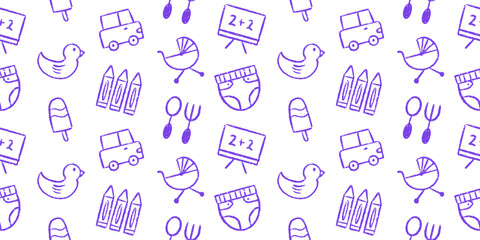 Seamless baby and kids doodle pattern. Childcare elements vector background with toys, pram, diapers, car, rubber duck, crayon, ice cream, spoon and fork.