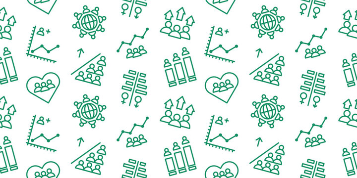Seamless social media and data analytics pattern. Outline vector background with line icons of growth charts, audience, community, engagement, and statistics