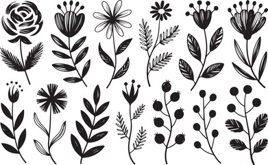 Collection of hand drawn black floral elements and botanical illustrations