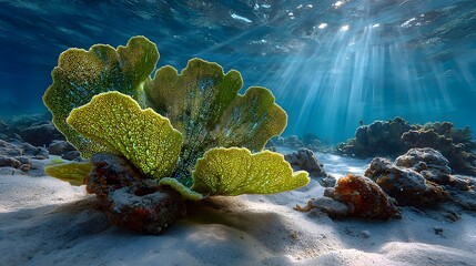 Stunning underwater photograph of a large, vibrant green brain coral on the sandy ocean floor. Sunbeams pierce through the deep blue water.