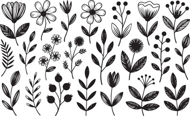 Collection of hand drawn black floral elements and botanical illustrations