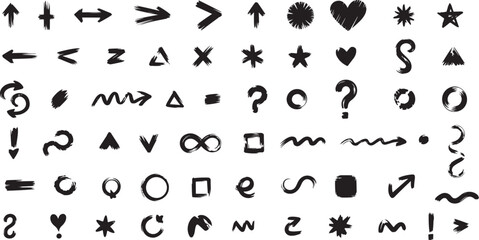 Collection of hand-drawn doodle symbols, arrows, hearts, and shapes