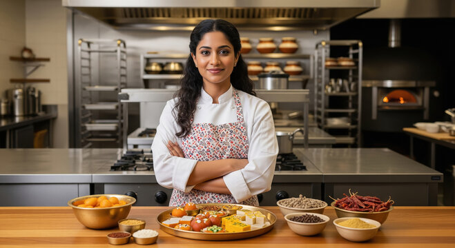 A confident female chef in traditional apron stands behind in a professional kitchen.