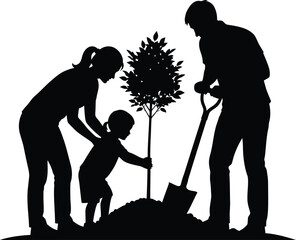 Family Planting Tree Silhouette Vector Illustration of Parents and Child Gardening Ecology and Environmental Care © Kafi