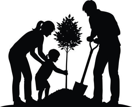 Family Planting Tree Silhouette Vector Illustration of Parents and Child Gardening Ecology and Environmental Care - Powered by Adobe