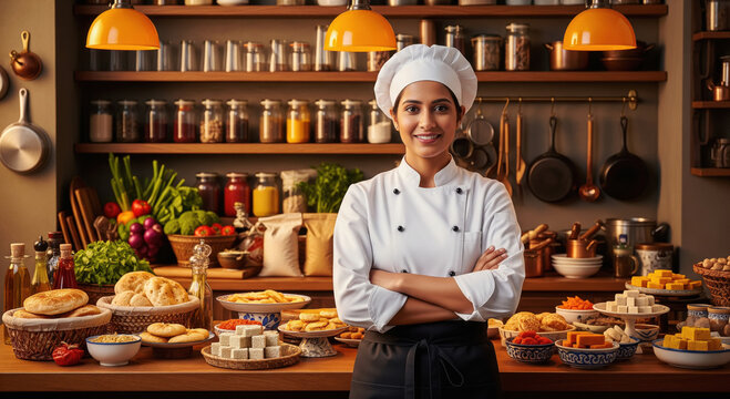 A confident female chef in traditional apron stands behind in a professional kitchen.