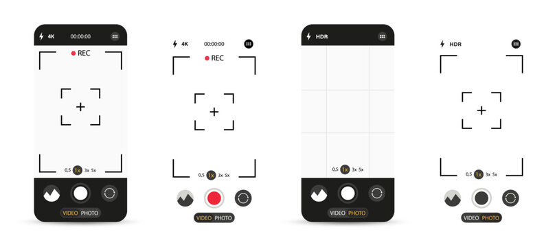 Smartphone Camera Interface. Viewfinder, Grid, Buttons, Lights, and Focus Controls in Mobile Photography App. Photo and Video UI for Mobile Apps. Vector illustration