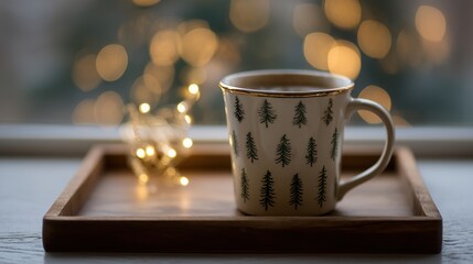 Obraz premium An elegant tray with a ceramic cup decorated with a pine pattern in the center, with a blurred background emphasizing a cozy winter scene, creating a very inviting atmosphere.