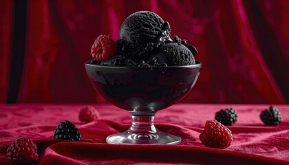 Black Ice Cream Scoops in Glass Bowl with Raspberries and Blackberries on Red Silk Cloth