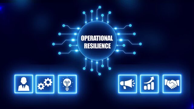 Operational Resilience Concept with Icons and Circuit Board Design on Dark Blue Background stability