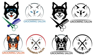 grooming pet cats and dogs logo for your business or company set logotype cartoon stock color and black and white vector illustration isolated on white background