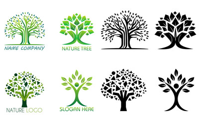 nature tree ecology logo for your business or company set logotype cartoon stock color and black and white vector illustration isolated on white background