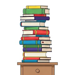 Stacked Colorful Books on a Small Wooden Table Against a White Background