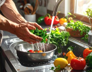 Hands Washing Fresh Green Vegetables in Stainless Steel Sink with Colorful Produce in Bright Kitchen